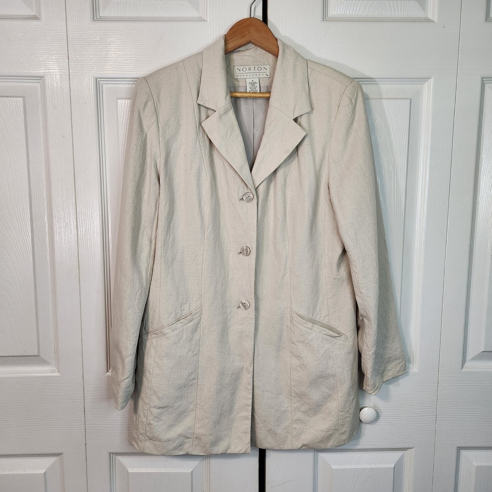 Norton McNaughton Beige Linen Rayon Longline Blazer Jacket Womens 8 Vintage